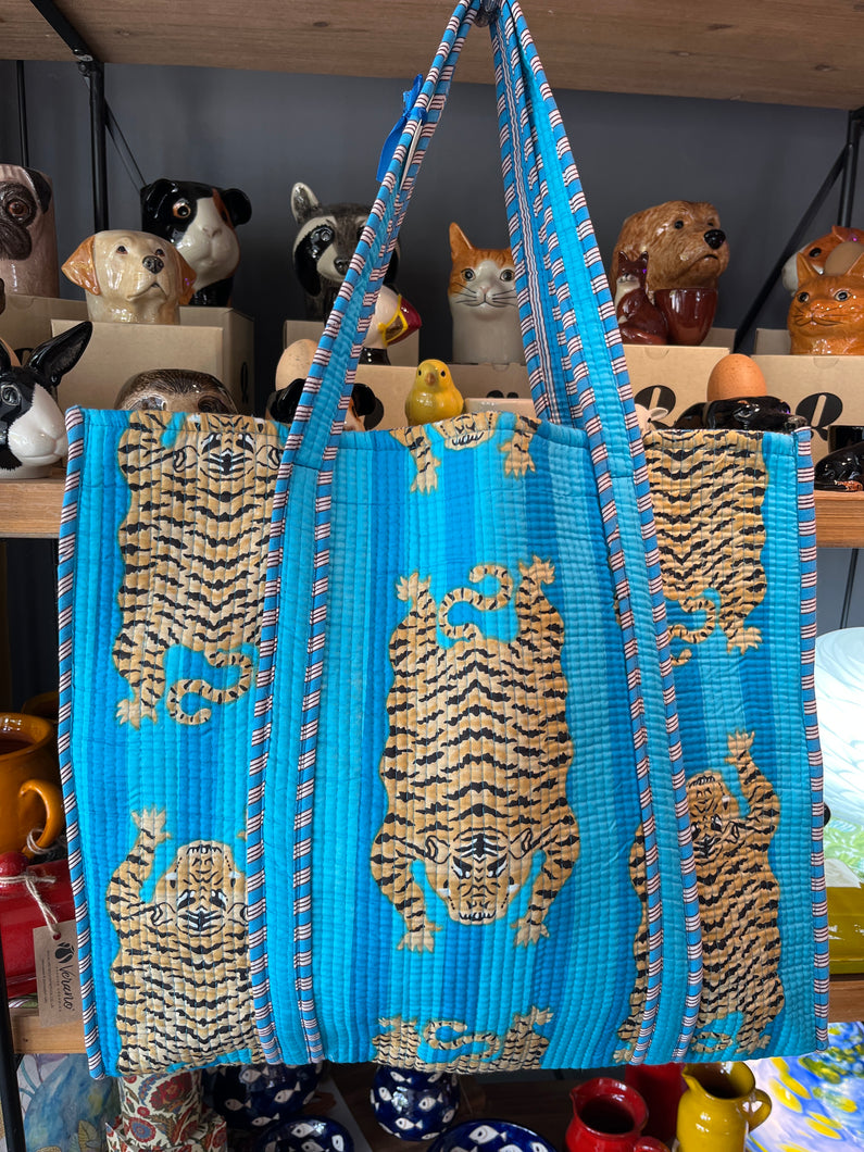 Indian Cotton Tote Bag - Blue tigers