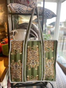 Indian Cotton Tote Bags - Green Tiger
