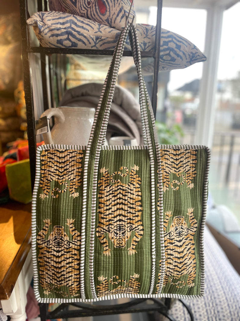 Indian Cotton Tote Bags - Green Tiger