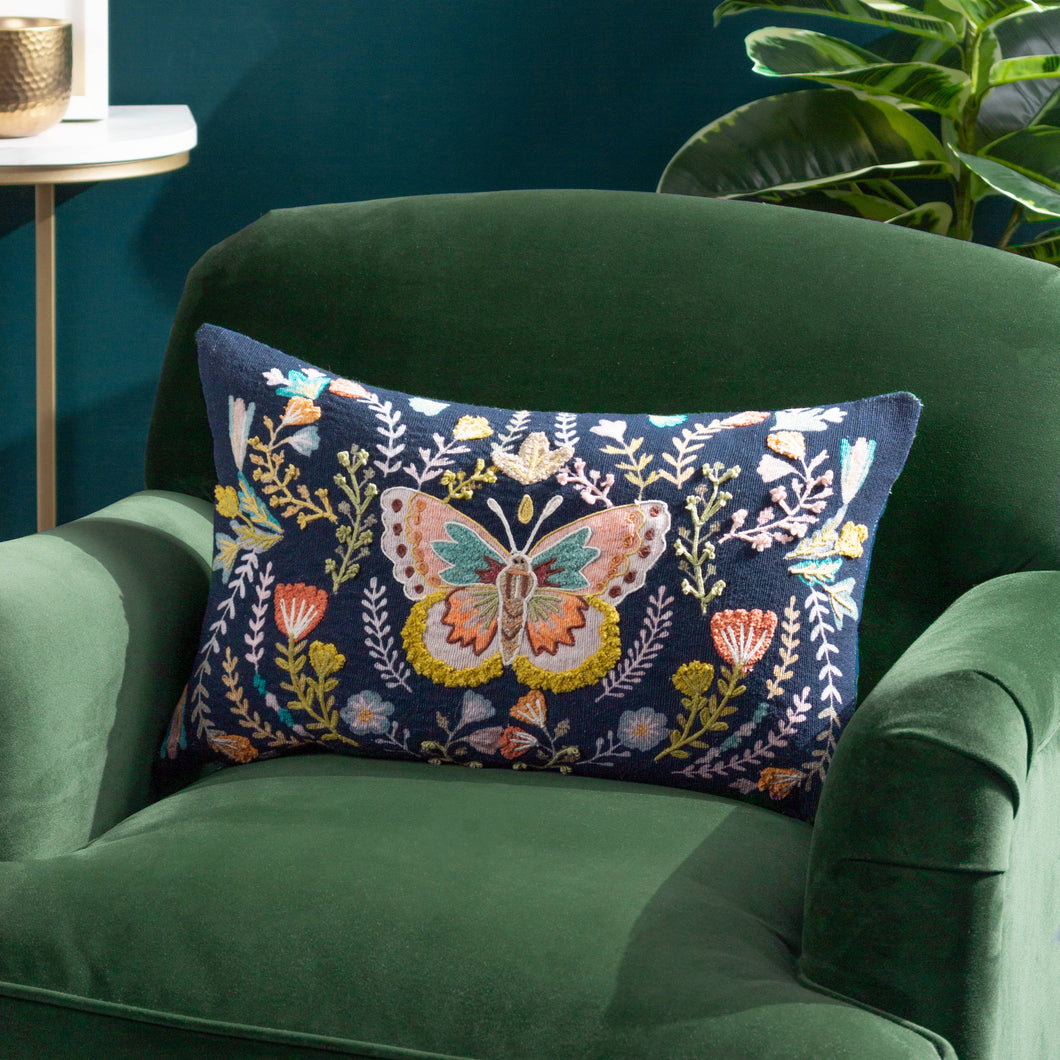 EMBROIDERED BUTTERFLY CUSHION FEATHER FILLED 30 x 50cm