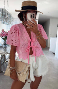 PINK BRODERIE ANGLAISE TIE FRONT TOP