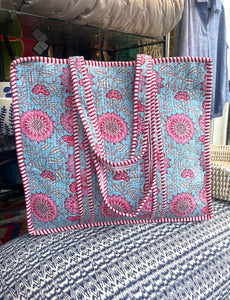 Indian Cotton Tote Bag - Pink & Blue floral