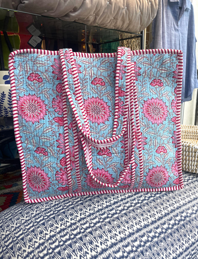 Indian Cotton Tote Bag - Pink & Blue floral