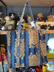 Indian Cotton Tote Bag - Blue & Navy Tigers