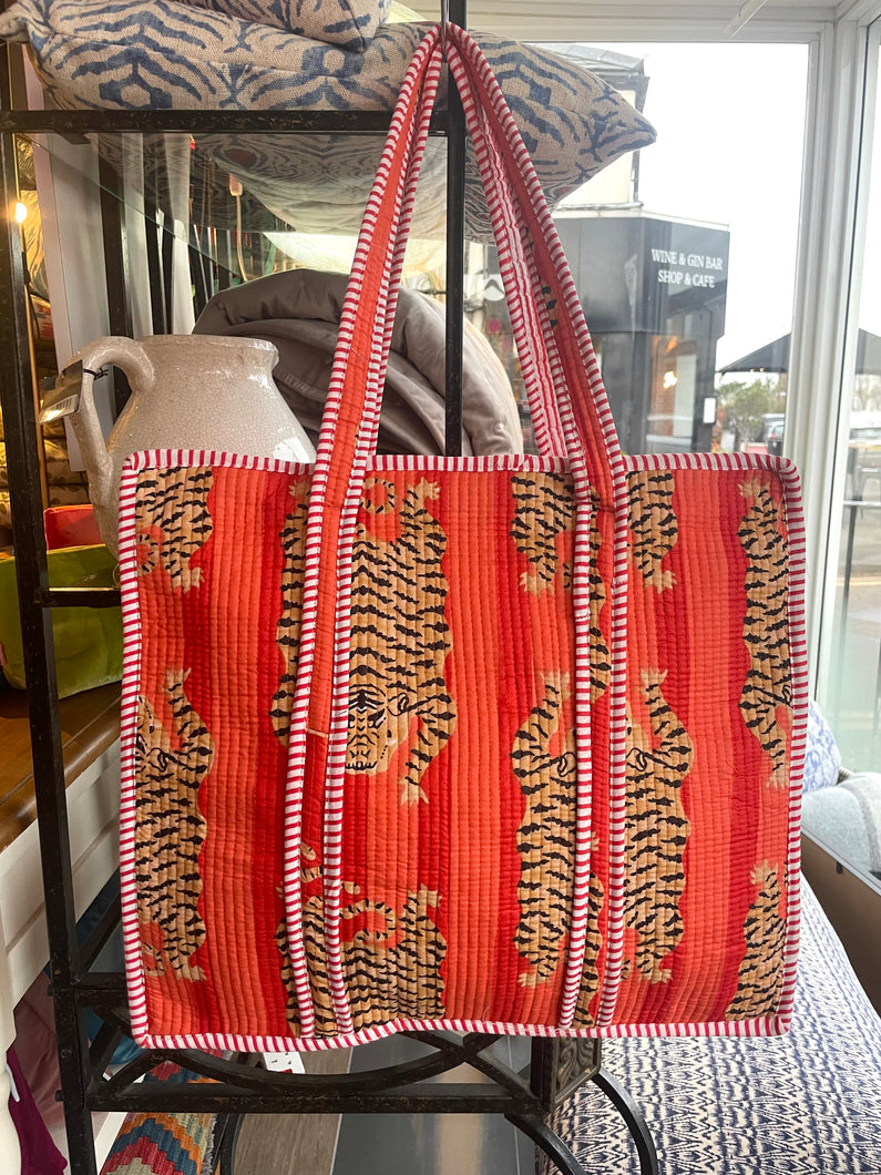 Indian Cotton Tote Bag - Orange Tigers