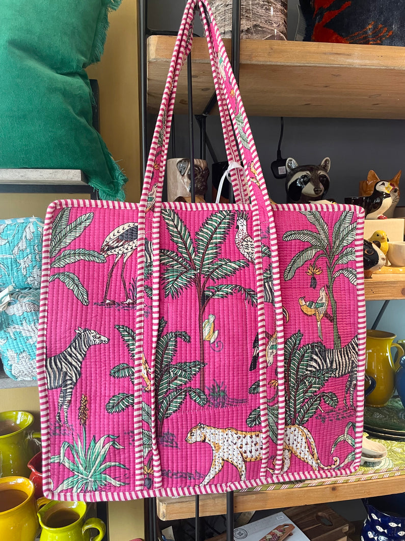 Indian Cotton Tote Bag - Fuchsia Jungle