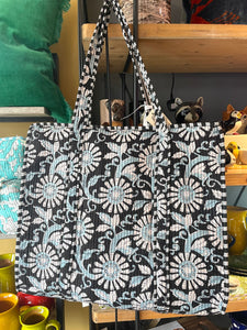 Indian Cotton Tote Bag - Monochrome & Blue Floral