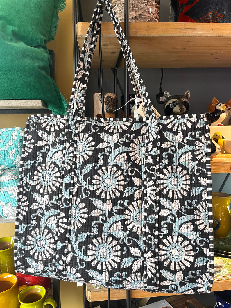 Indian Cotton Tote Bag - Monochrome & Blue Floral