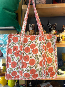 Indian Cotton Tote Bag - Orange Flowers