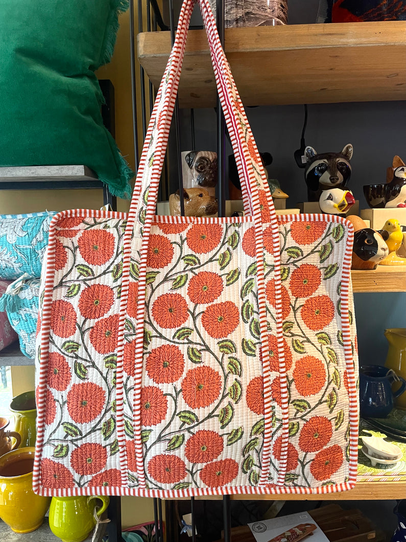 Indian Cotton Tote Bag - Orange Flowers
