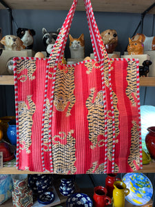 Indian Cotton Tote Bag - Pink & Red Tigers