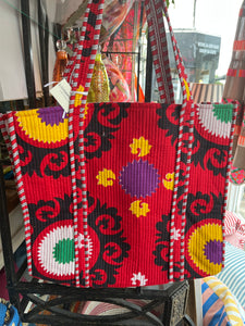 Indian Cotton Tote Bag - Red Damask