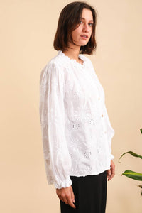 EMBROIDERED BLOUSE IN 100% COTTON: White / One size