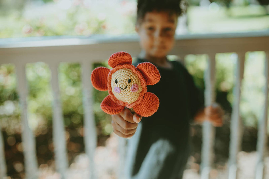 Crochet Baby Toy flower rattle with stem red