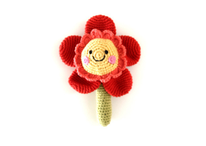 Crochet Baby Toy flower rattle with stem red