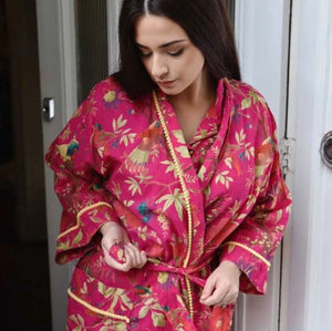 COTTON DRESSING GOWN - FUCHSIA BIRDS OF PARADISE